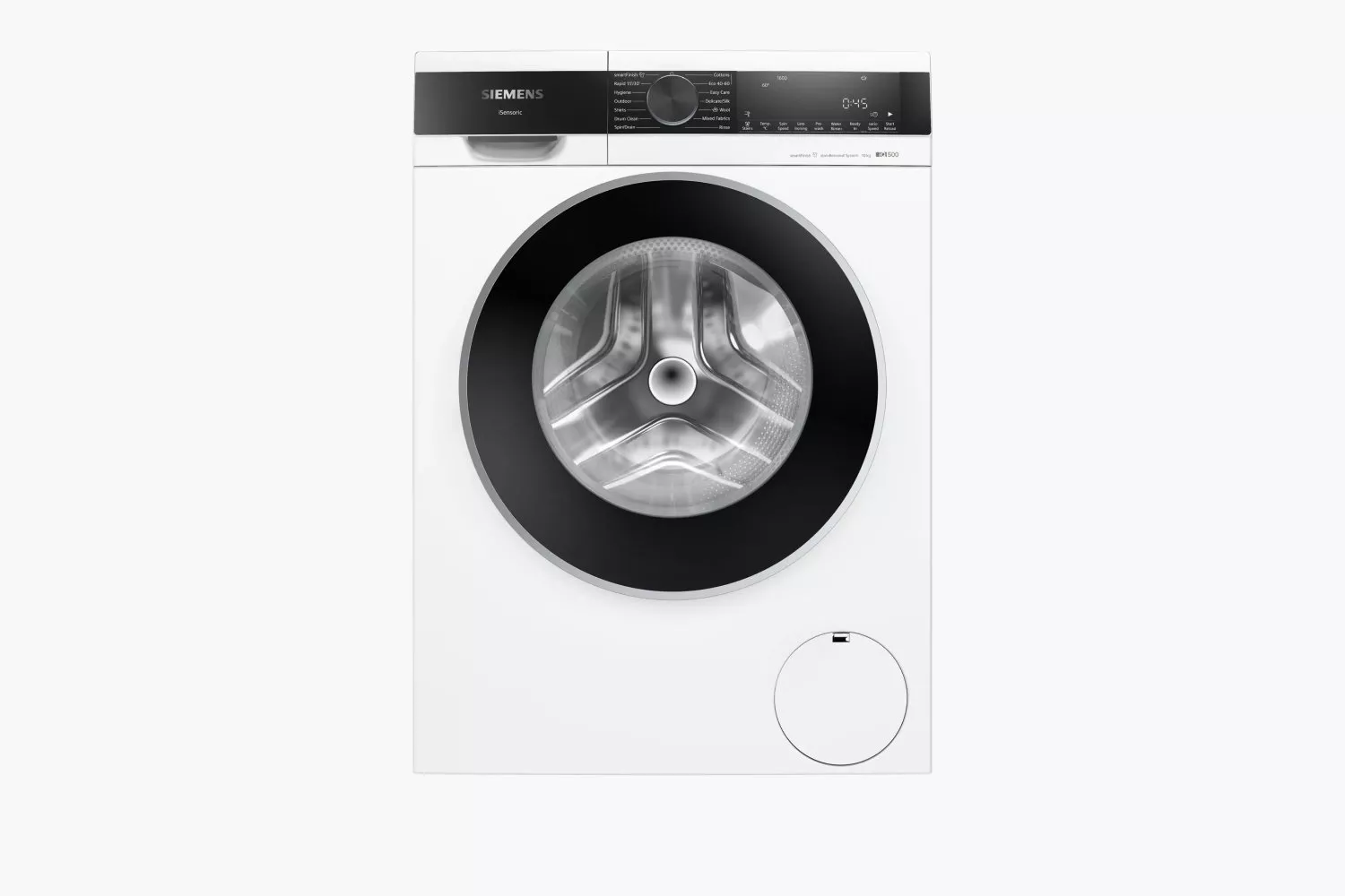 Siemens white front-loading washing machine with large black door, digital display and control dial, studio view