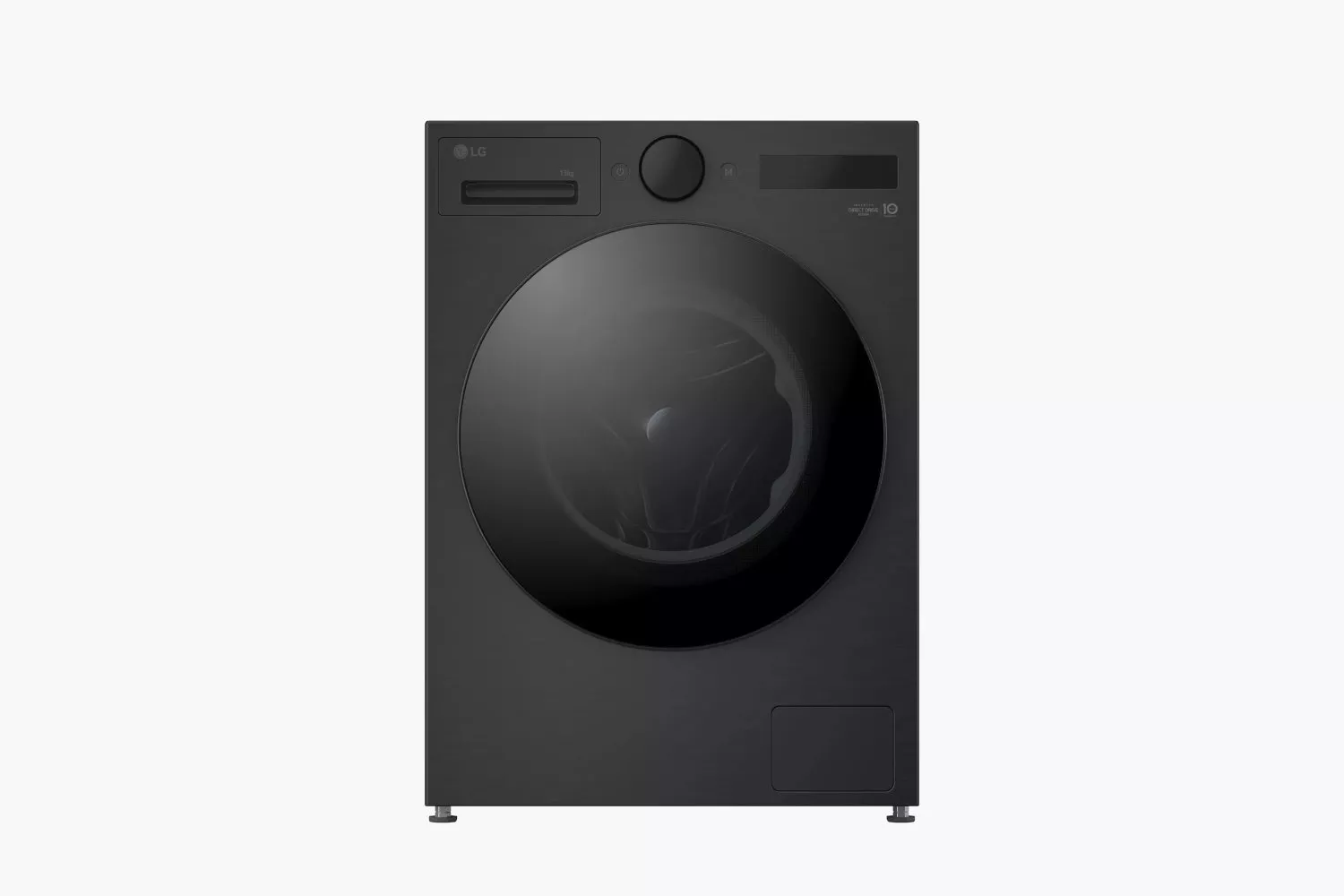 LG black front-loading washing machine with large round door, control dial and digital display on white background