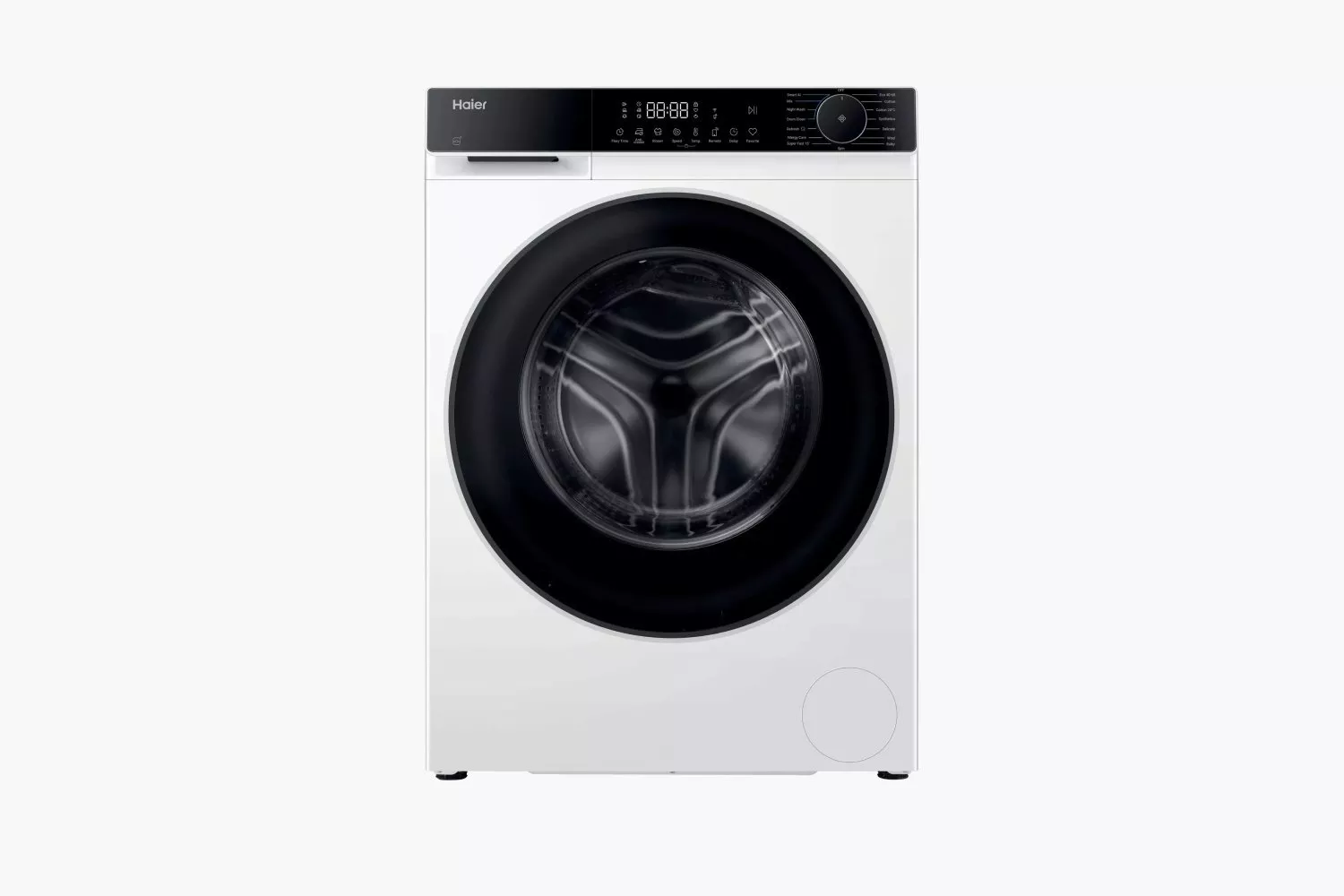 Haier white front-loading washing machine with black door, digital display and control dial, studio product image