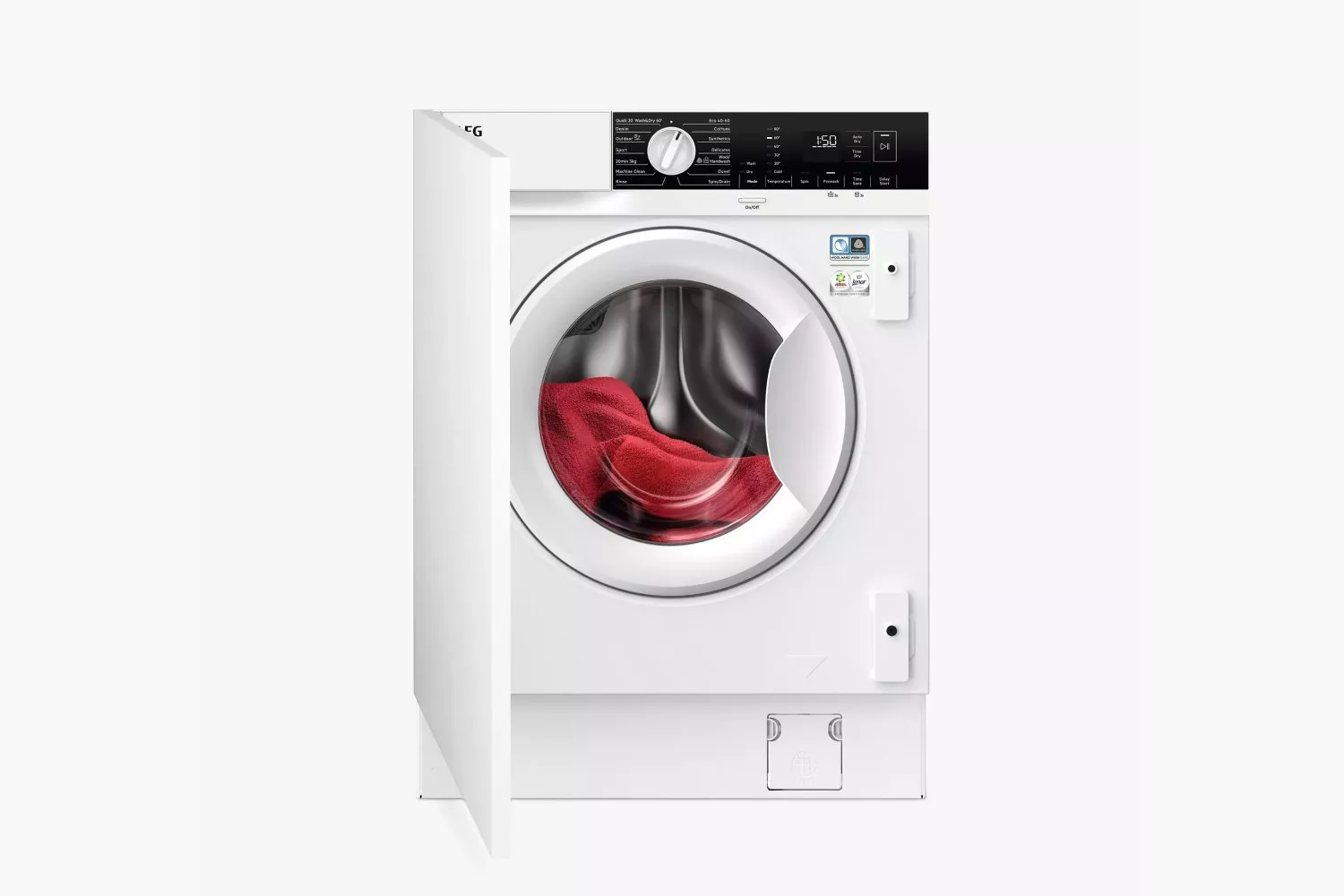 Integrated front-loading washing machine with open cabinet door, digital controls, and red towel inside drum