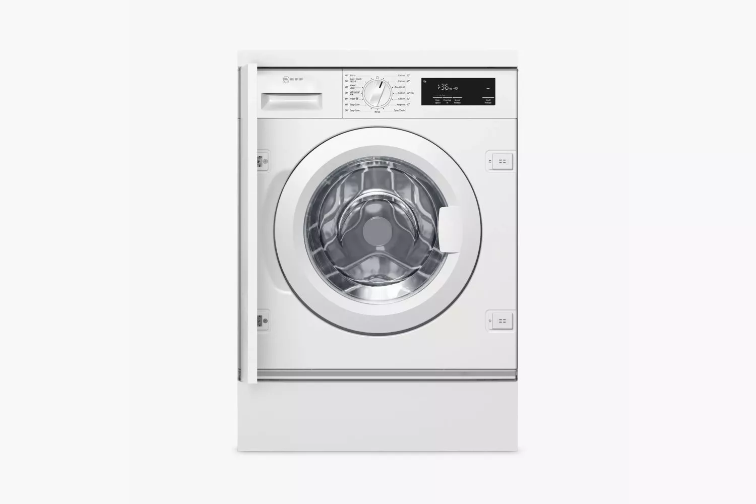 White integrated front-loading washing machine with digital display and control dial, shown front view on white background