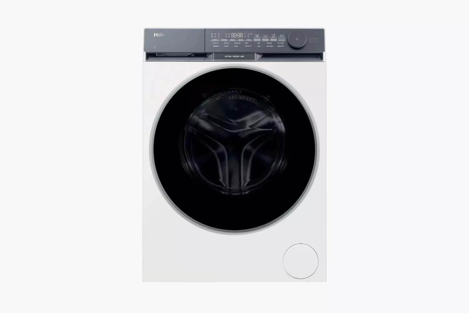 Haier white front-load washing machine with black door and digital control panel, modern laundry appliance