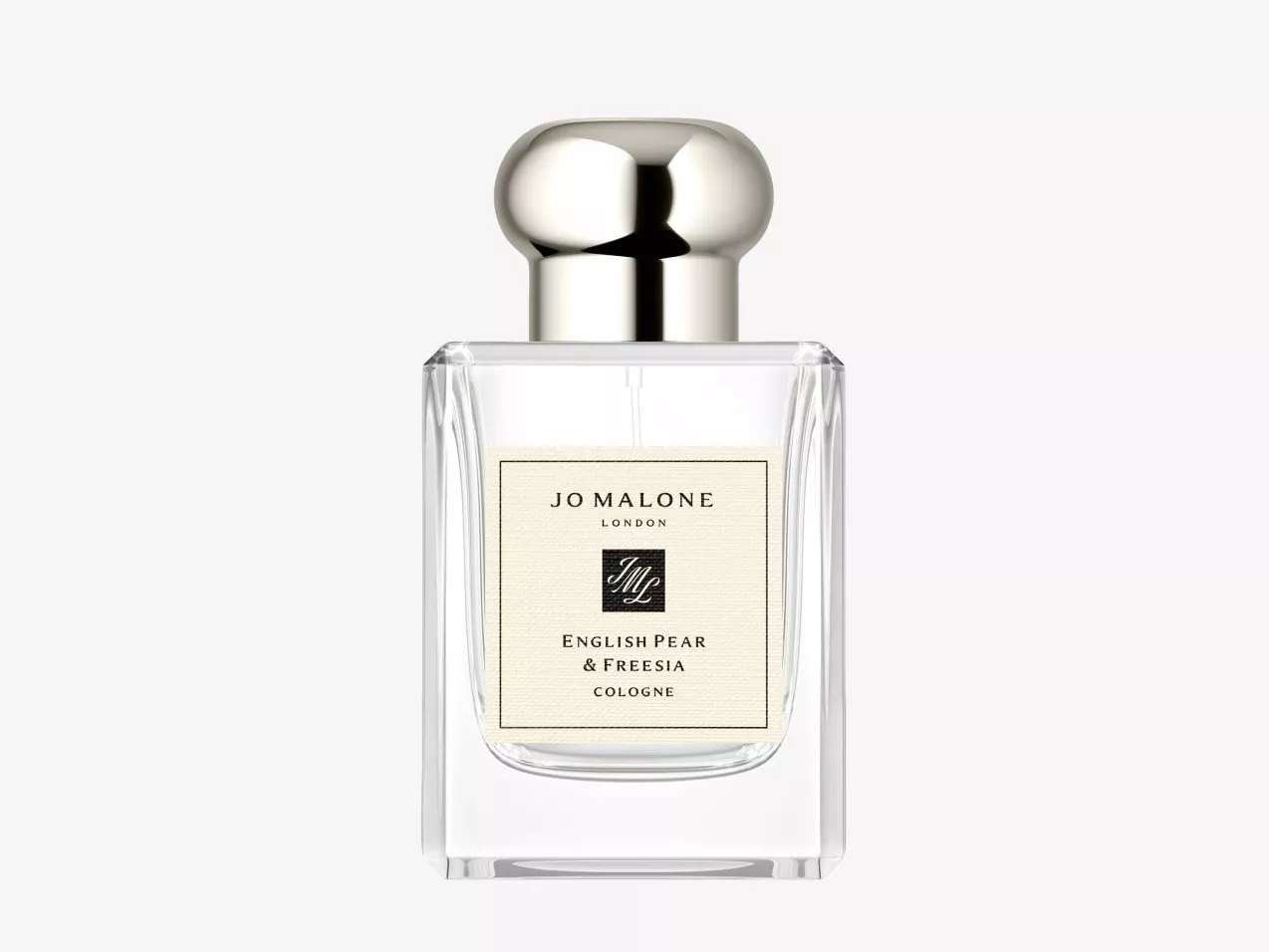 Jo Malone London English Pear & Freesia cologne bottle with silver cap, clear glass and cream label.