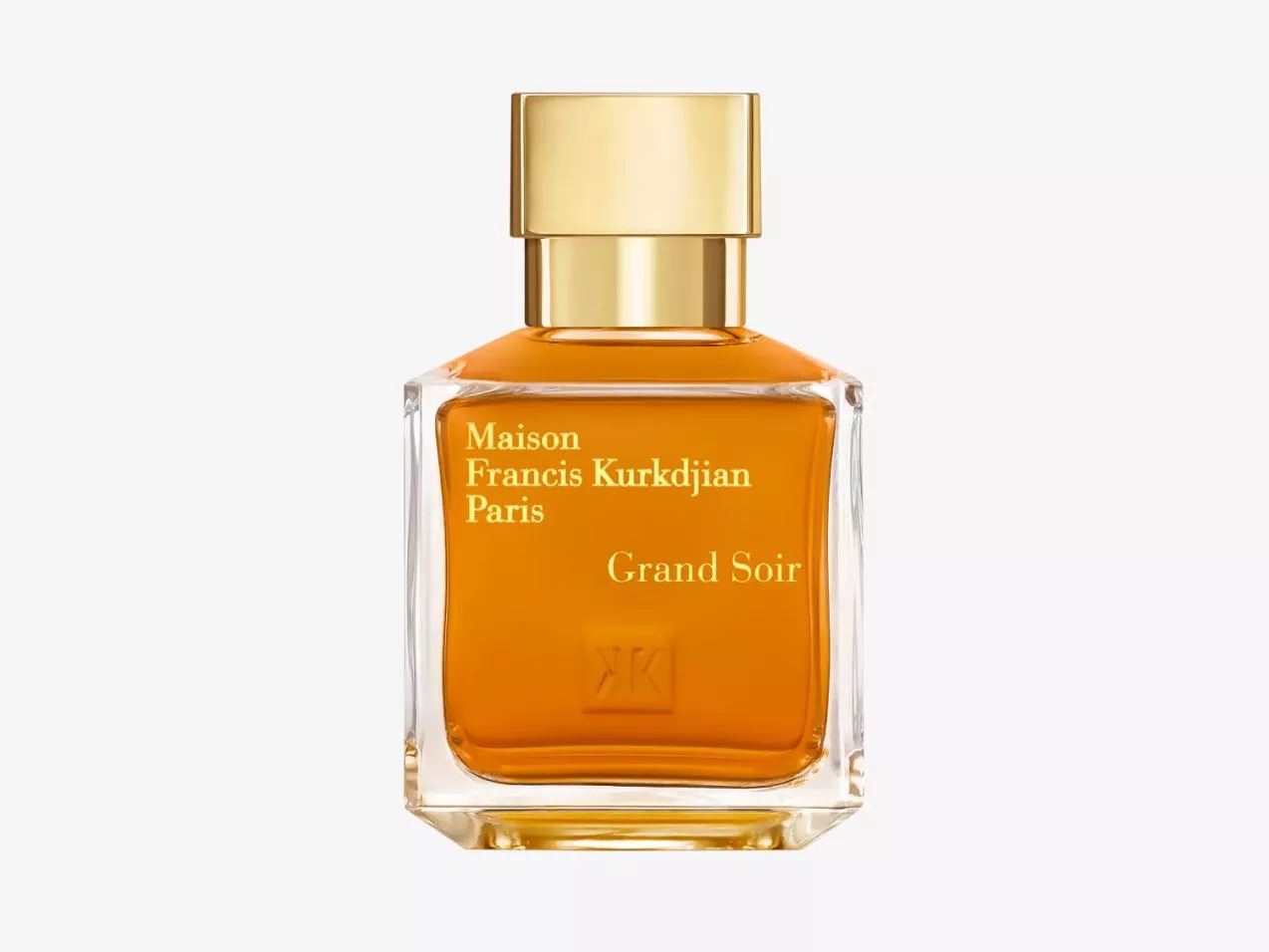 Maison Francis Kurkdjian Grand Soir perfume bottle with gold cap and amber fragrance, front view on white background