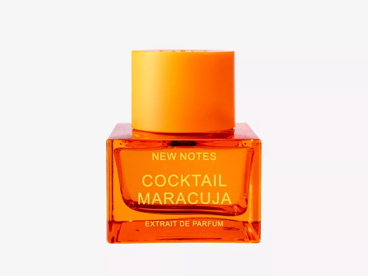 New Notes Cocktail Maracuja extrait de parfum bottle in orange glass with yellow cap on white background
