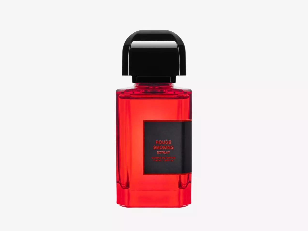 Red glass perfume bottle with black cap and label, Rouge Smoking extrait de parfum product photo on white background