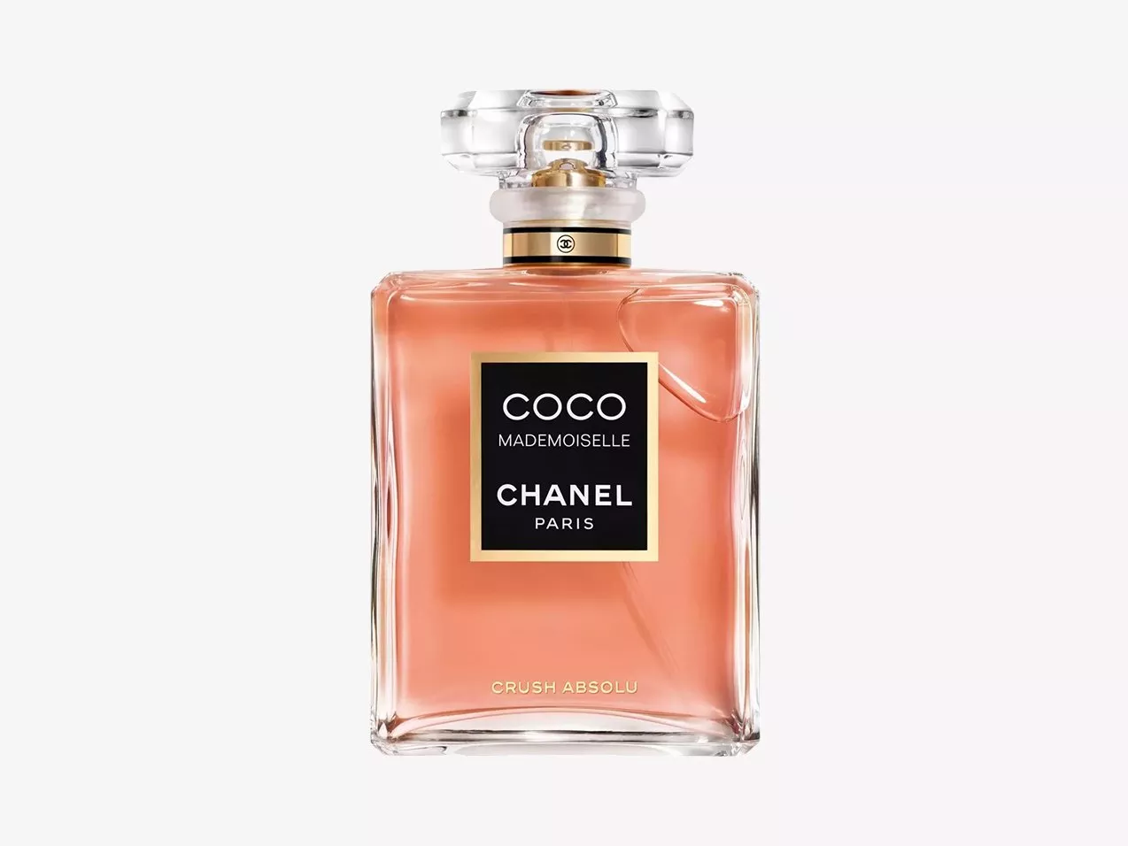 Chanel Coco Mademoiselle Crush Absolu perfume bottle with pink fragrance in clear glass, front label visible.