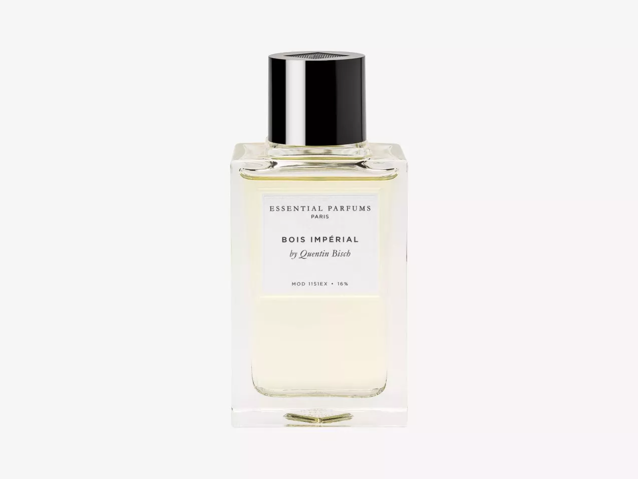 Essential Parfums Bois Impérial perfume bottle with black cap, minimalist label, photographed on white background