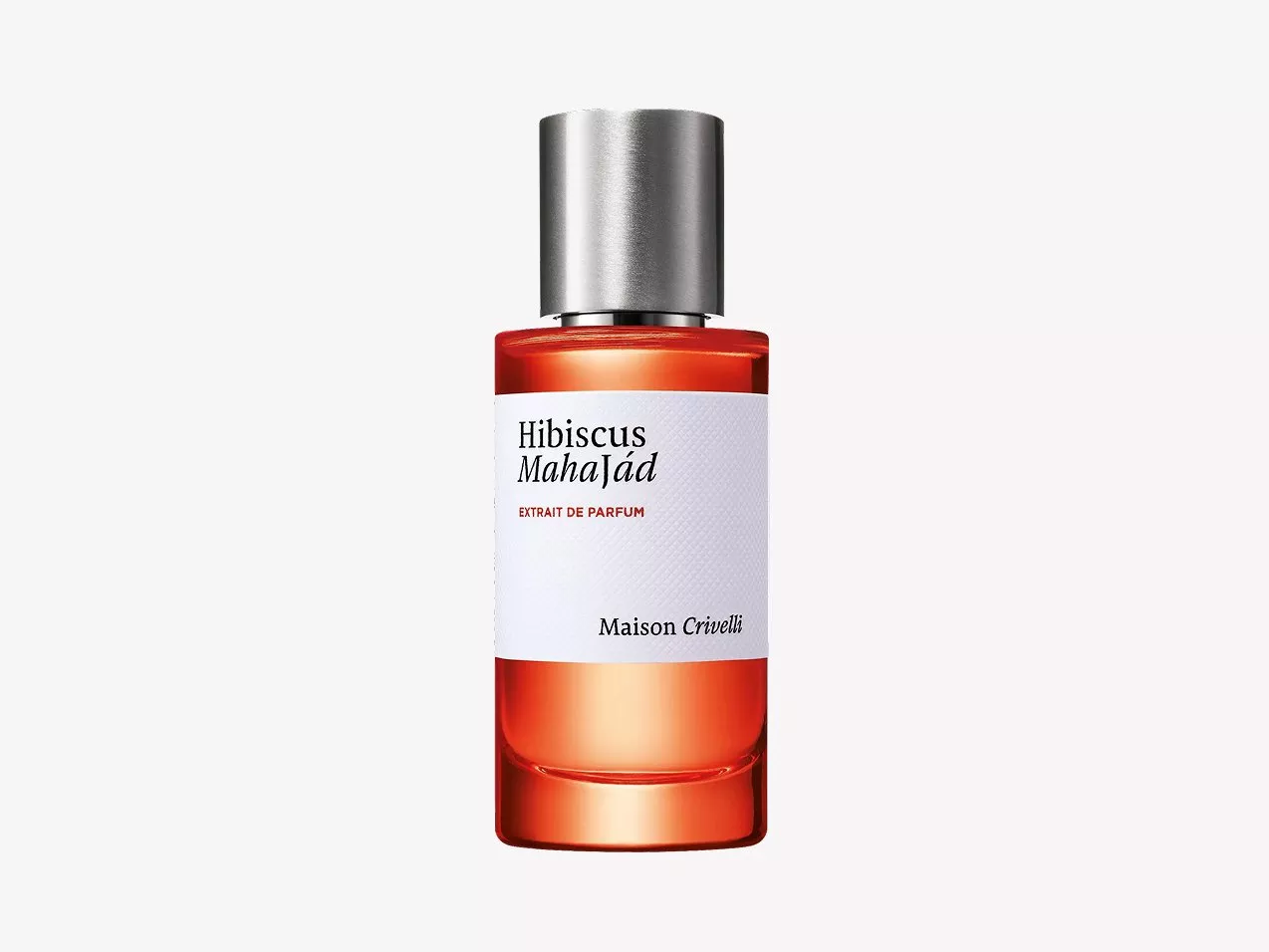 Maison Crivelli Hibiscus MahaJád extrait de parfum bottle with silver cap, orange glass, on white background