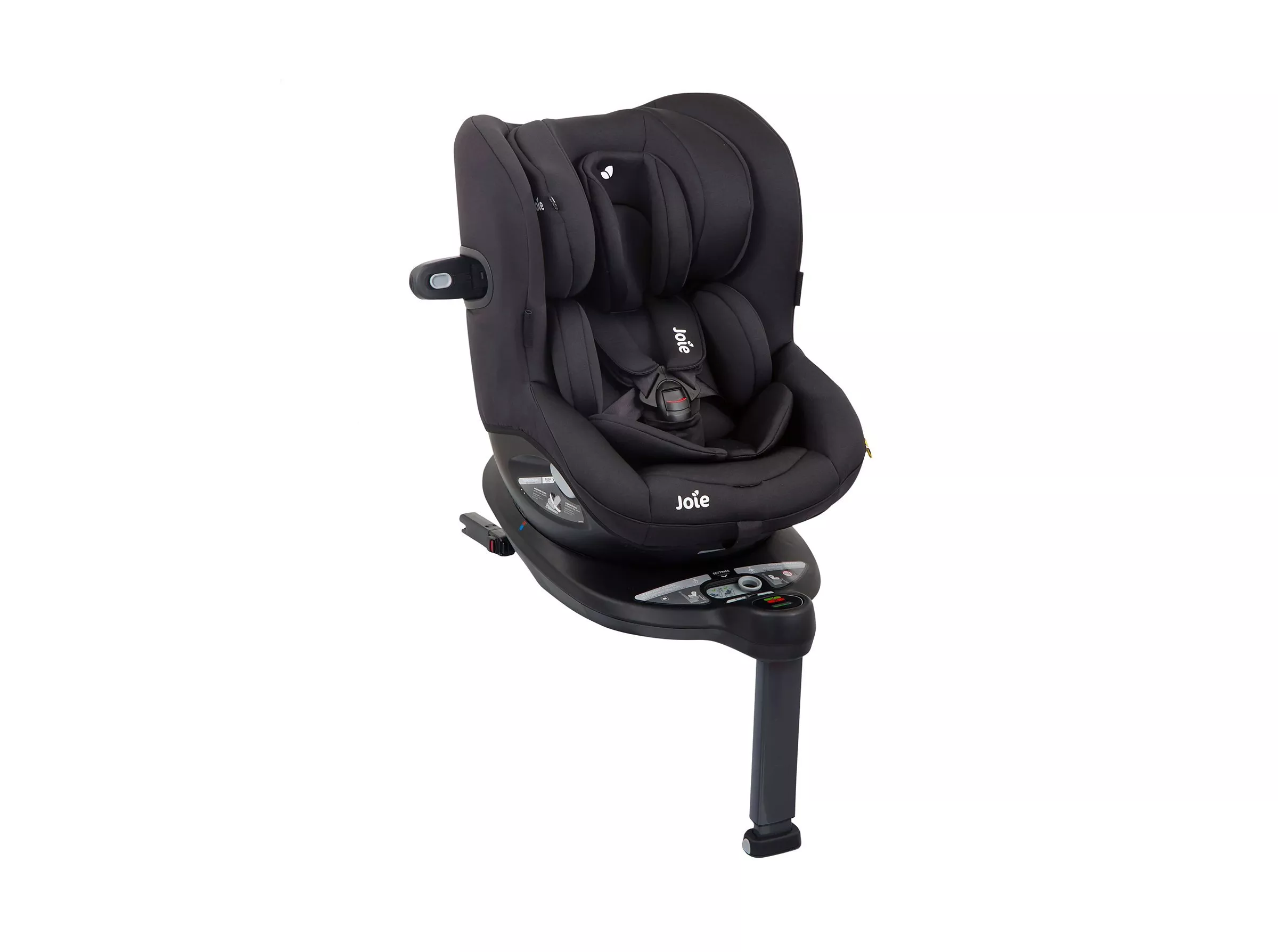 Joie black ISOFIX rotating child car seat with support leg, padded headrest and 5-point harness on white background