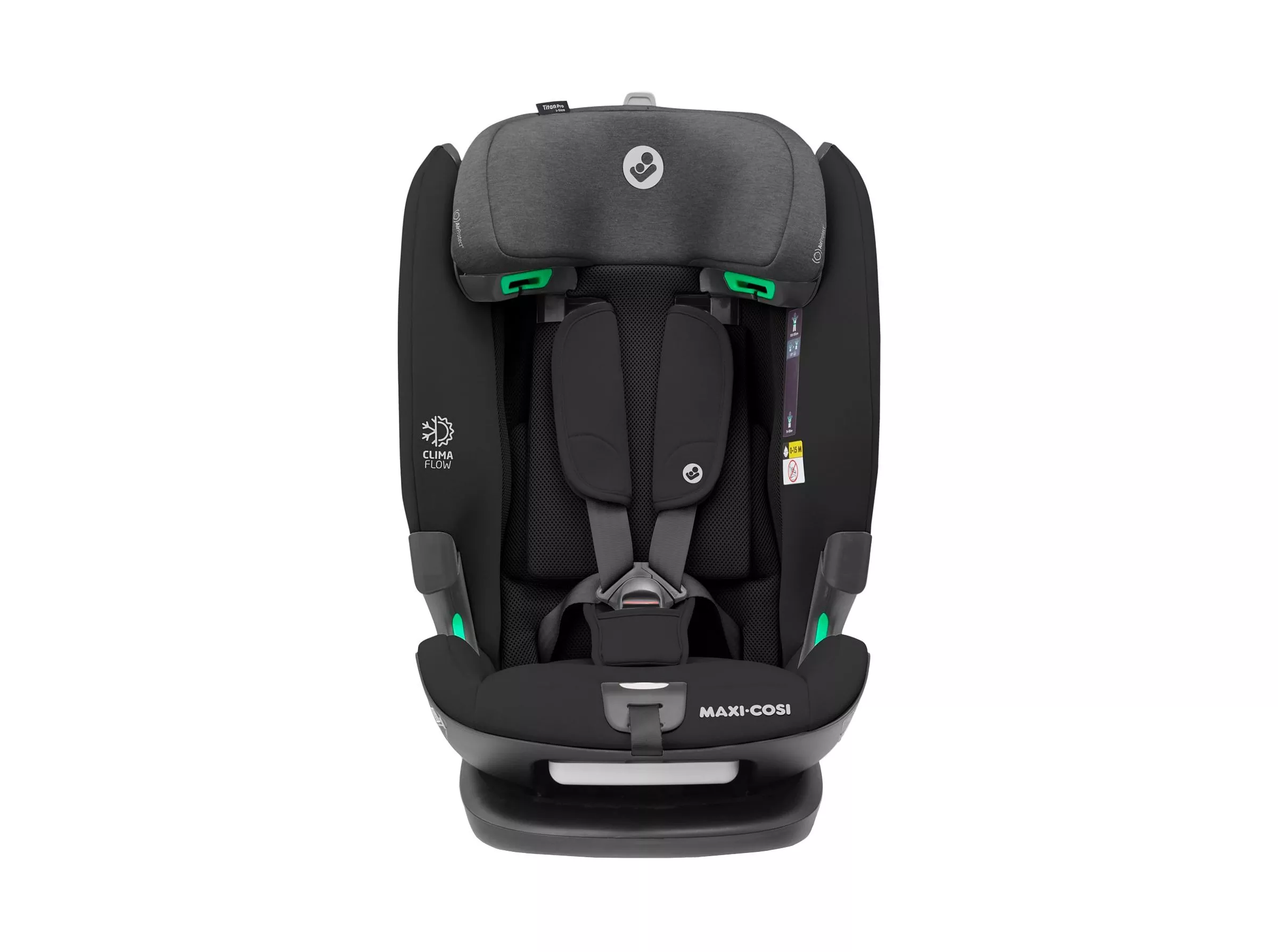 Maxi-Cosi child car seat in black and grey with 5-point harness, ClimaFlow ventilation and padded headrest