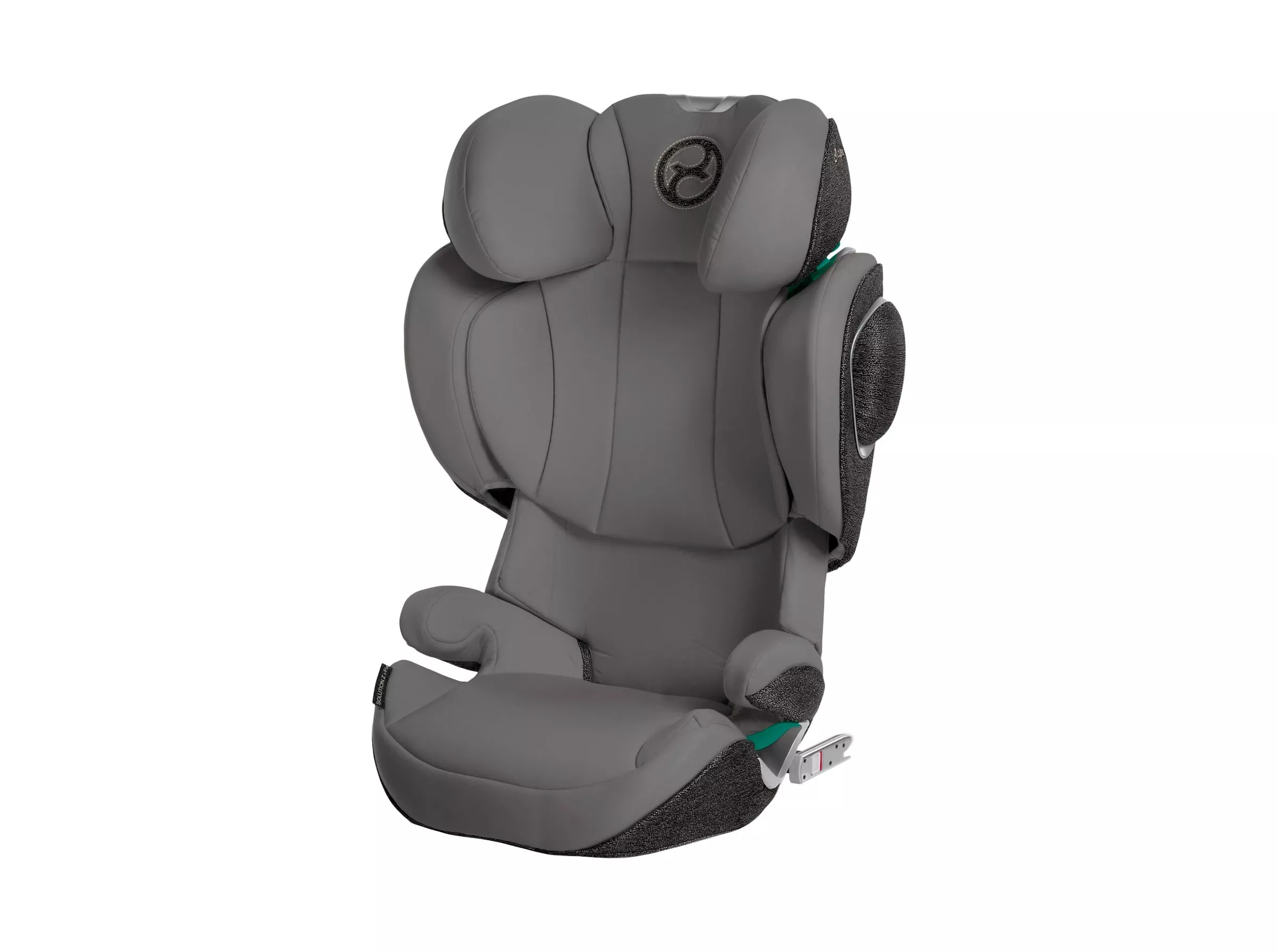 Grey high-back child car booster seat with adjustable headrest, side impact protection and ISOFIX connectors