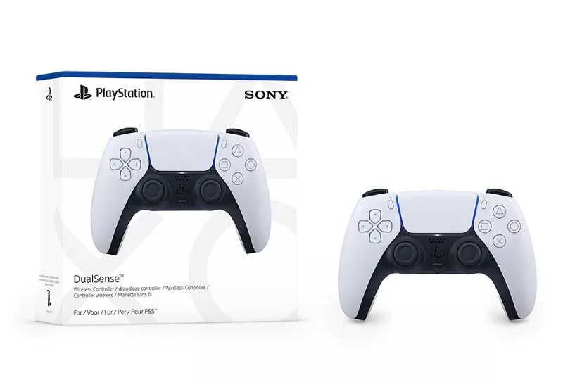 PlayStation 5 DualSense controller in white, shown with its packaging. Features iconic buttons and design.