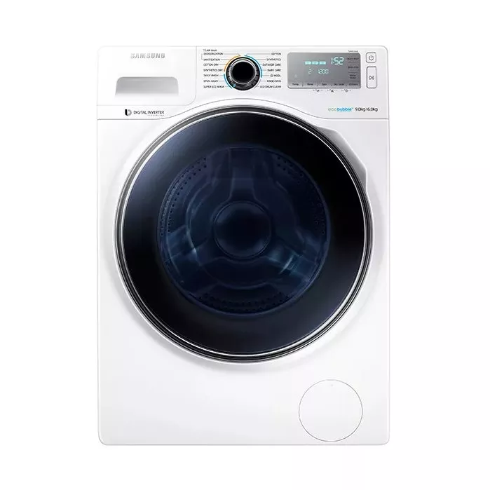 White Samsung front-load washer dryer with large black door, digital display and EcoBubble technology, studio shot