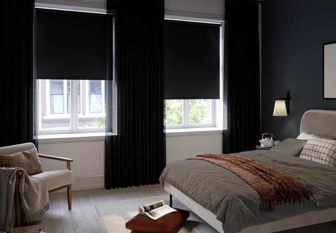 Bedroom with blackout blinds on the windows