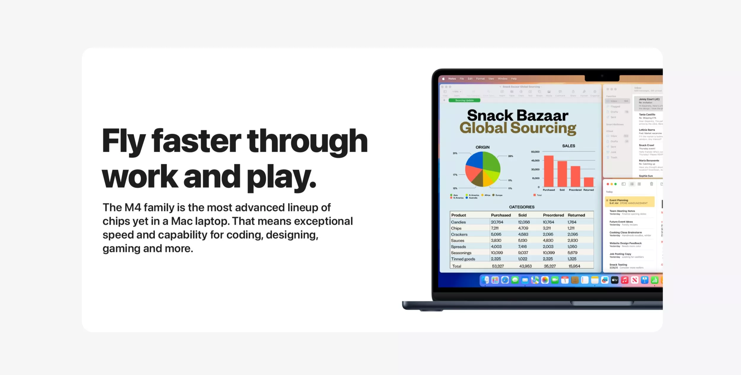 A sleek Mac laptop displaying charts and data, with bold text highlighting the M4 chip's speed for work and play.
