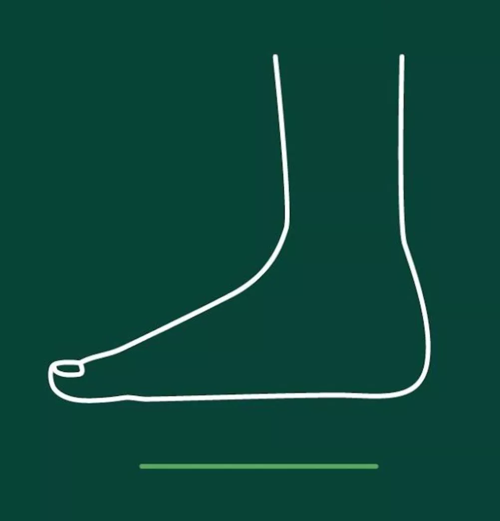 Minimalist line drawing of a foot profile on dark green background, illustrating foot care and podiatry concept