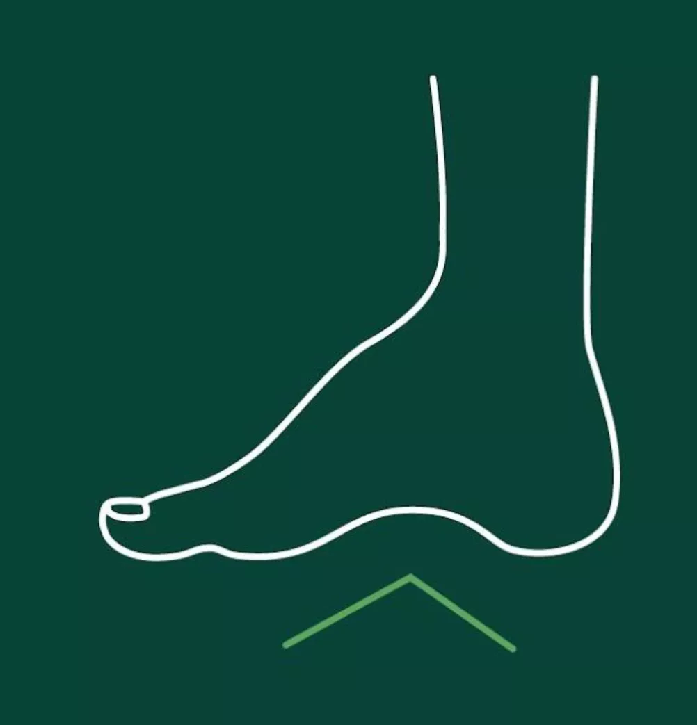 Minimal line drawing of a human foot and ankle on dark green background with an upward arrow icon below