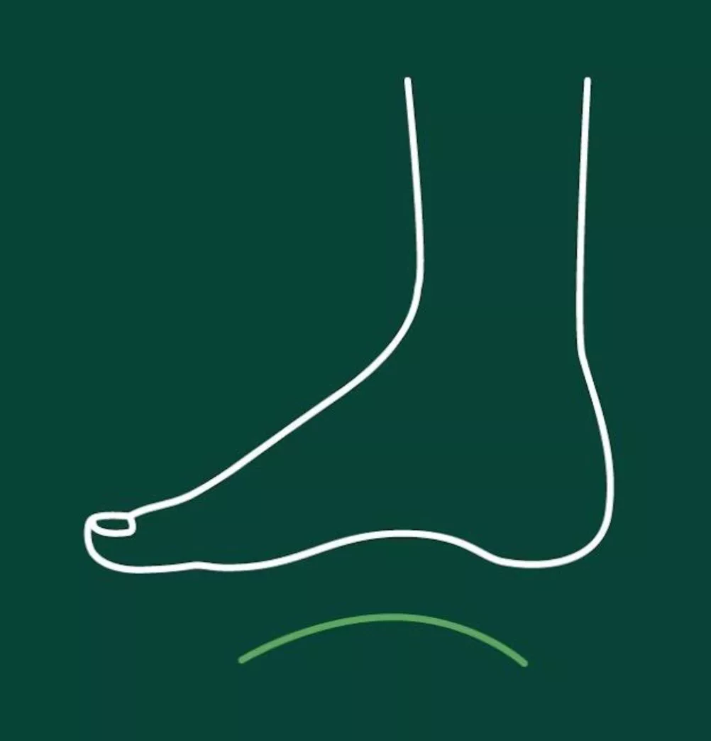 Minimal line icon of a foot above a curved arch, representing podiatry, foot support and orthotic insoles