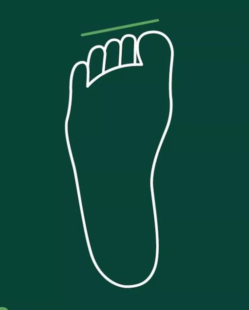 White outline of a bare human footprint on dark green background, simple icon for foot size measurement guide