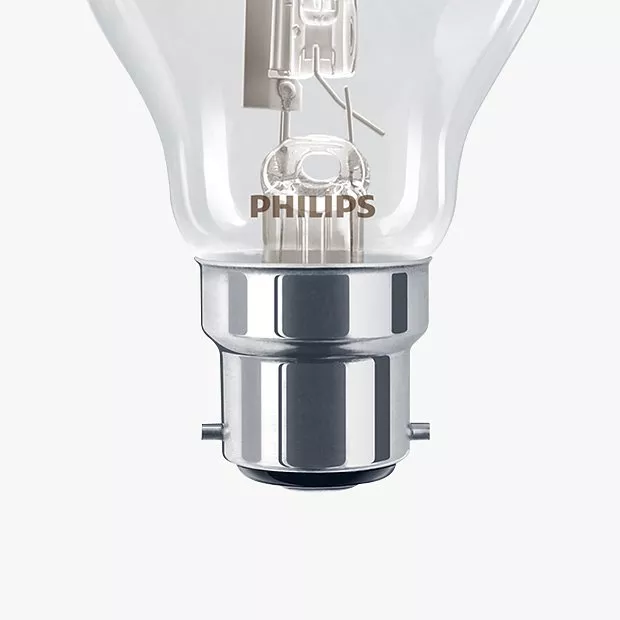 Close-up of a Philips halogen light bulb with a bayonet cap base, featuring clear glass and internal components.