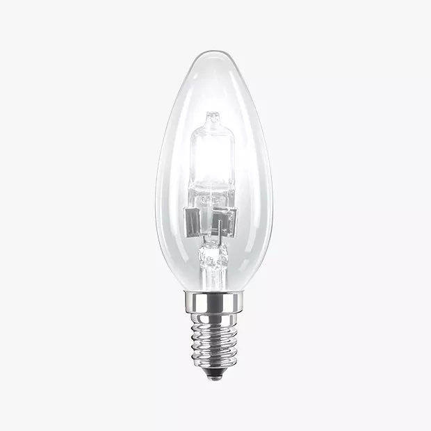 Clear halogen candle bulb with an E14 screw base, suitable for decorative lighting, isolated on a white background.