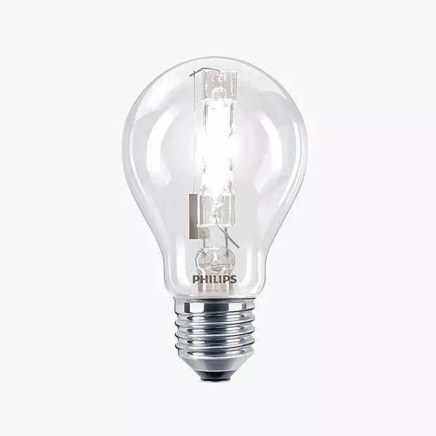 A halogen light bulb with a clear glass design and metal base, illuminating with bright white light.