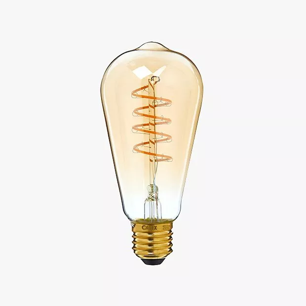 Vintage-style Edison bulb with a visible spiral filament and a gold-coloured screw base against a white background.