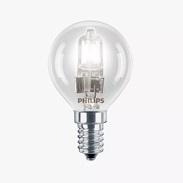 Clear glass halogen light bulb with silver screw base. Philips branding visible on bulb surface.