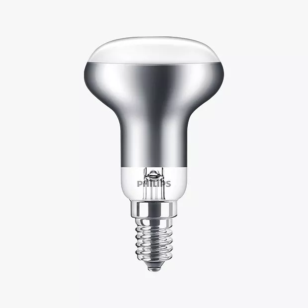 Silver Philips LED light bulb with screw base, designed for energy efficiency and modern lighting solutions.