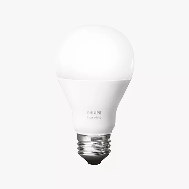 Philips Hue white LED bulb with a classic design, featuring a white base and a standard screw fitting.