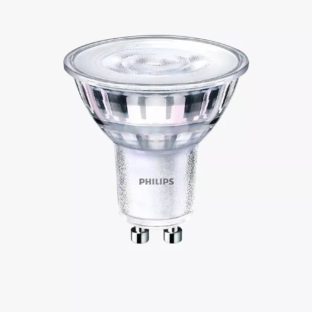 A Philips LED spotlight bulb with a GU10 base, featuring a clear lens, designed for energy-efficient lighting.