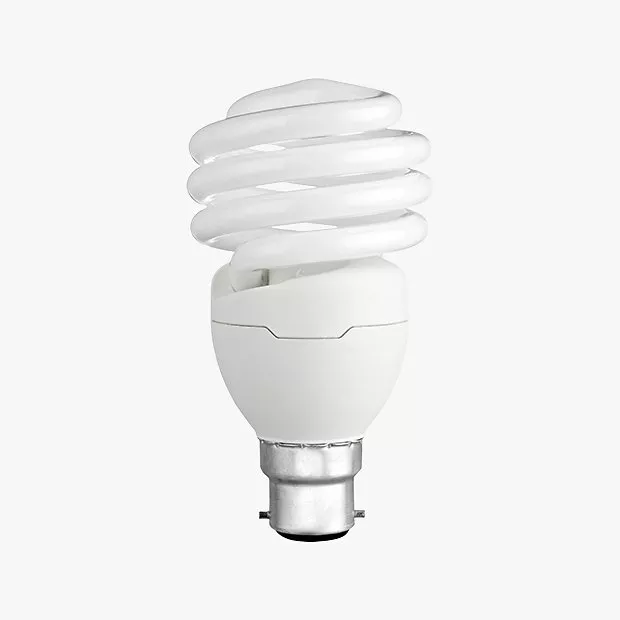 Energy-efficient compact fluorescent light bulb with a spiral design and a bayonet cap fitting.