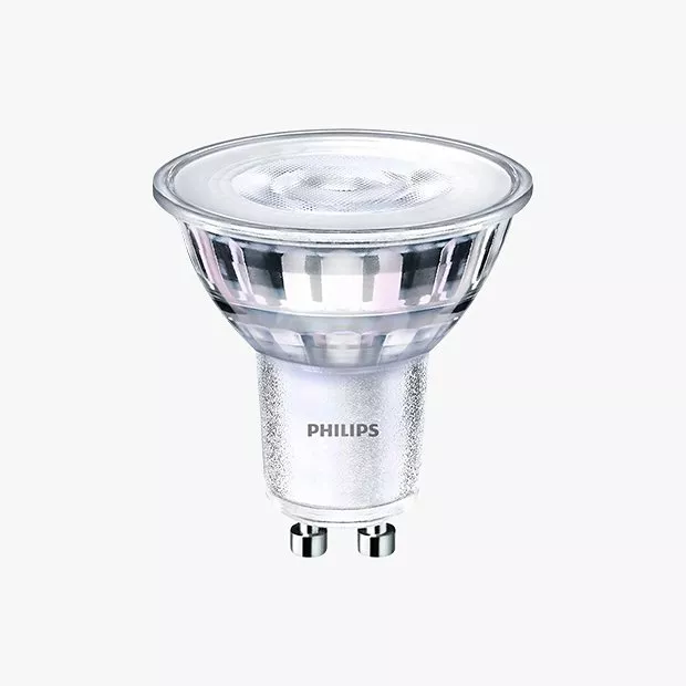 Philips LED spotlight bulb with a GU10 base, featuring a clear glass design for energy-efficient lighting solutions.