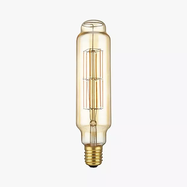 Vintage-style tubular light bulb with clear glass revealing filament, offering a warm, nostalgic glow.