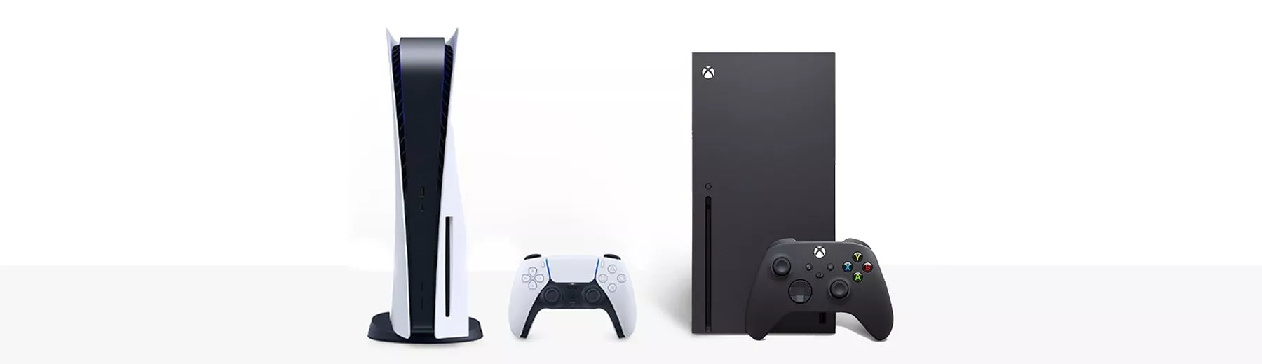 PlayStation 5 and Xbox Series X consoles are side by side, each with their respective controllers.