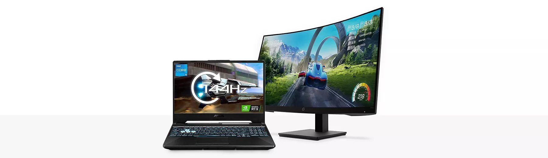 A gaming laptop with a 144Hz display is shown next to a curved monitor, both displaying vibrant graphics.