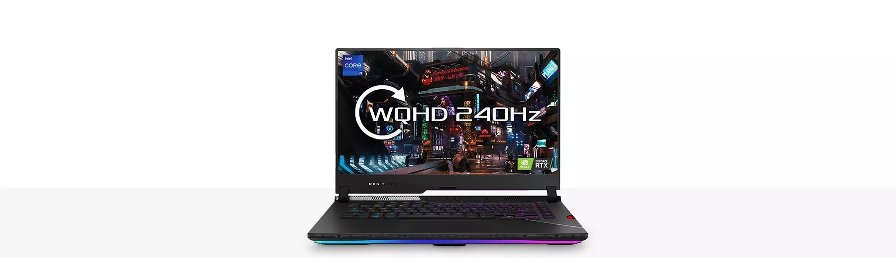 Gaming laptop with a vibrant cityscape on screen, showcasing WQHD 240Hz. Features Intel Core and NVIDIA RTX.