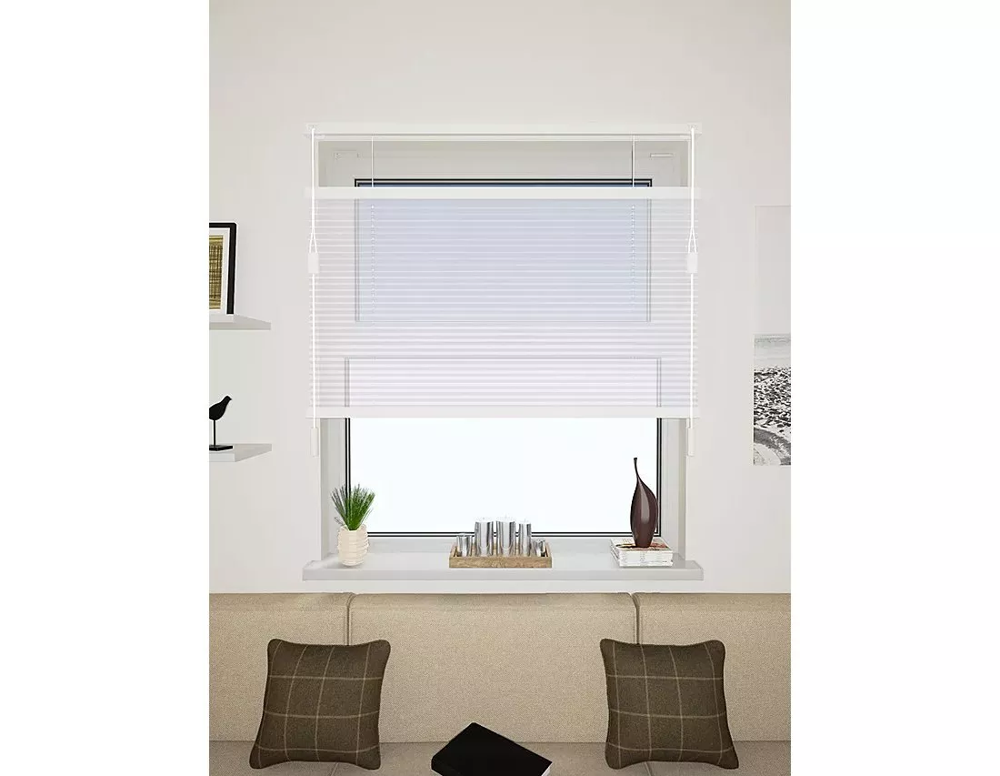 White venetian window blind in a modern living room, providing privacy and light control over a wide window