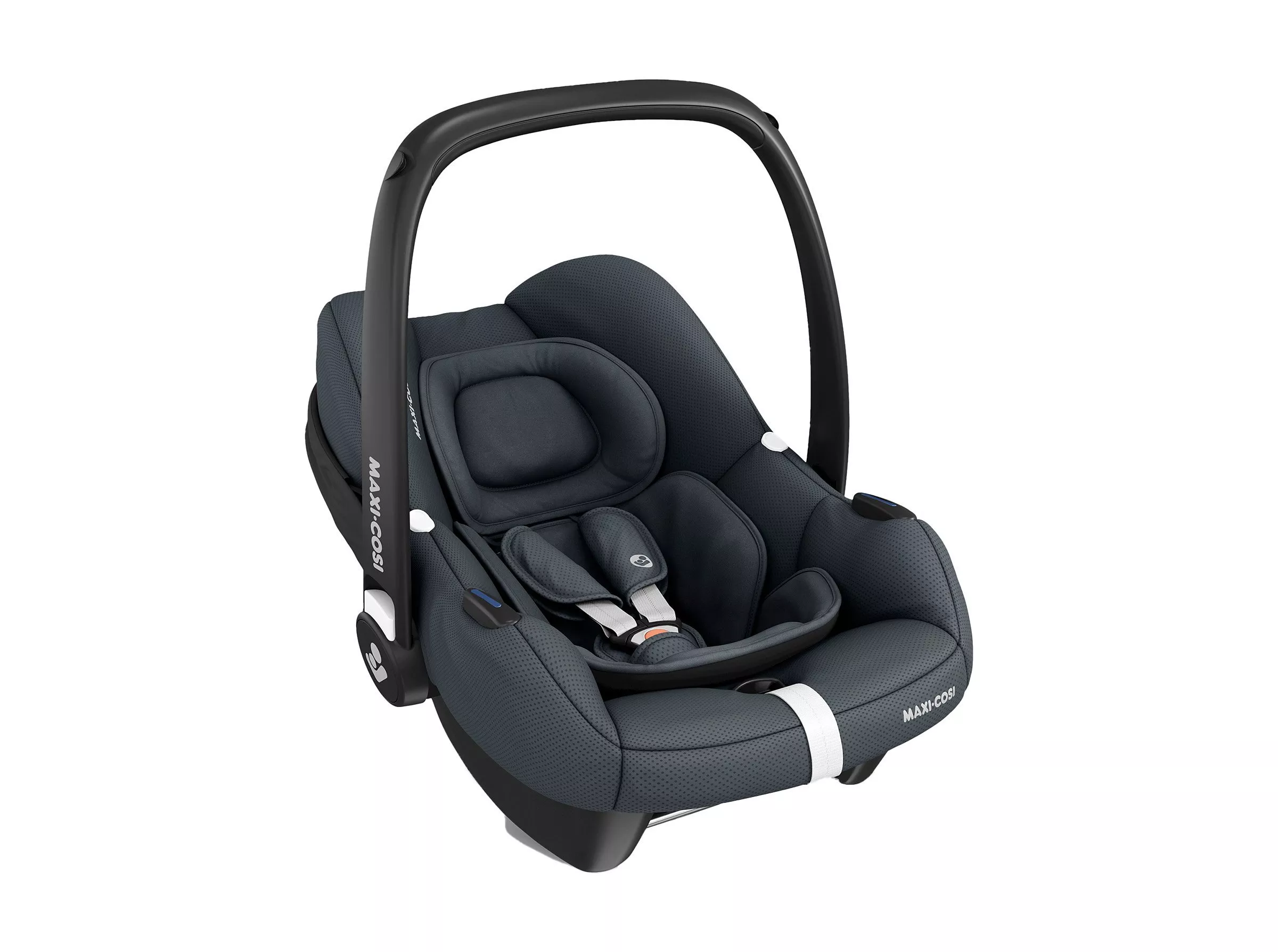 Maxi-Cosi infant car seat in dark grey with carry handle, padded headrest and five-point harness on white background