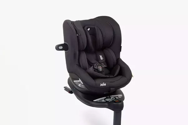 Black child car seat with safety harness, mounted on a swivel base, designed for secure and comfortable travel.