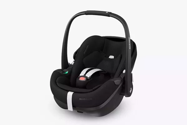 Black infant car seat with a sleek design, featuring a padded interior and an adjustable handle for easy carrying.