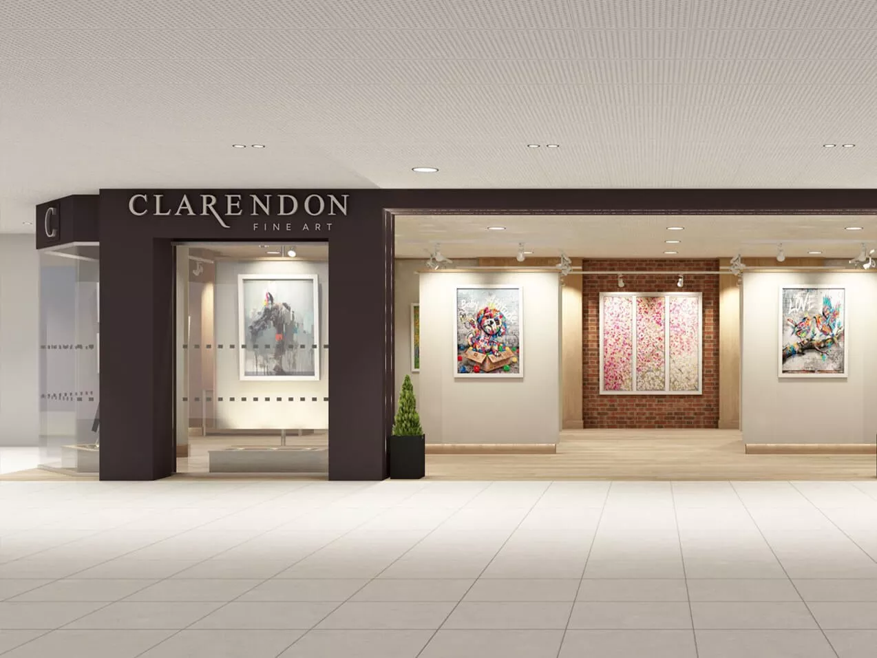 Clarendon Fine Art gallery storefront in a shopping centre, showcasing colourful framed contemporary artwork inside.