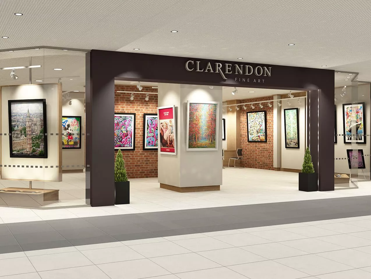 Clarendon Fine Art gallery storefront in a shopping centre, showcasing colourful framed artwork and brick walls inside