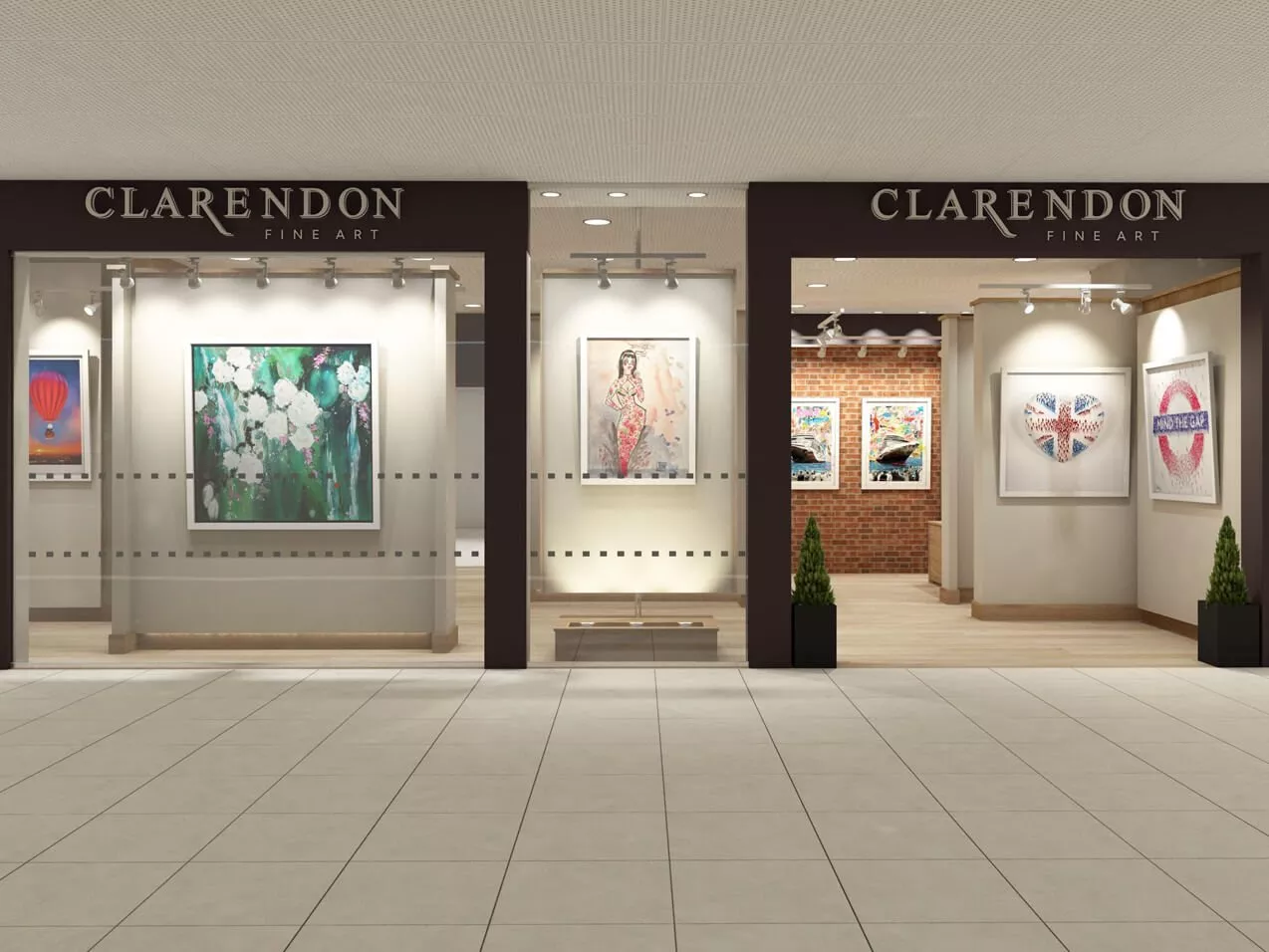 Clarendon Fine Art gallery storefront in a shopping centre, showcasing framed contemporary artworks in bright lighting