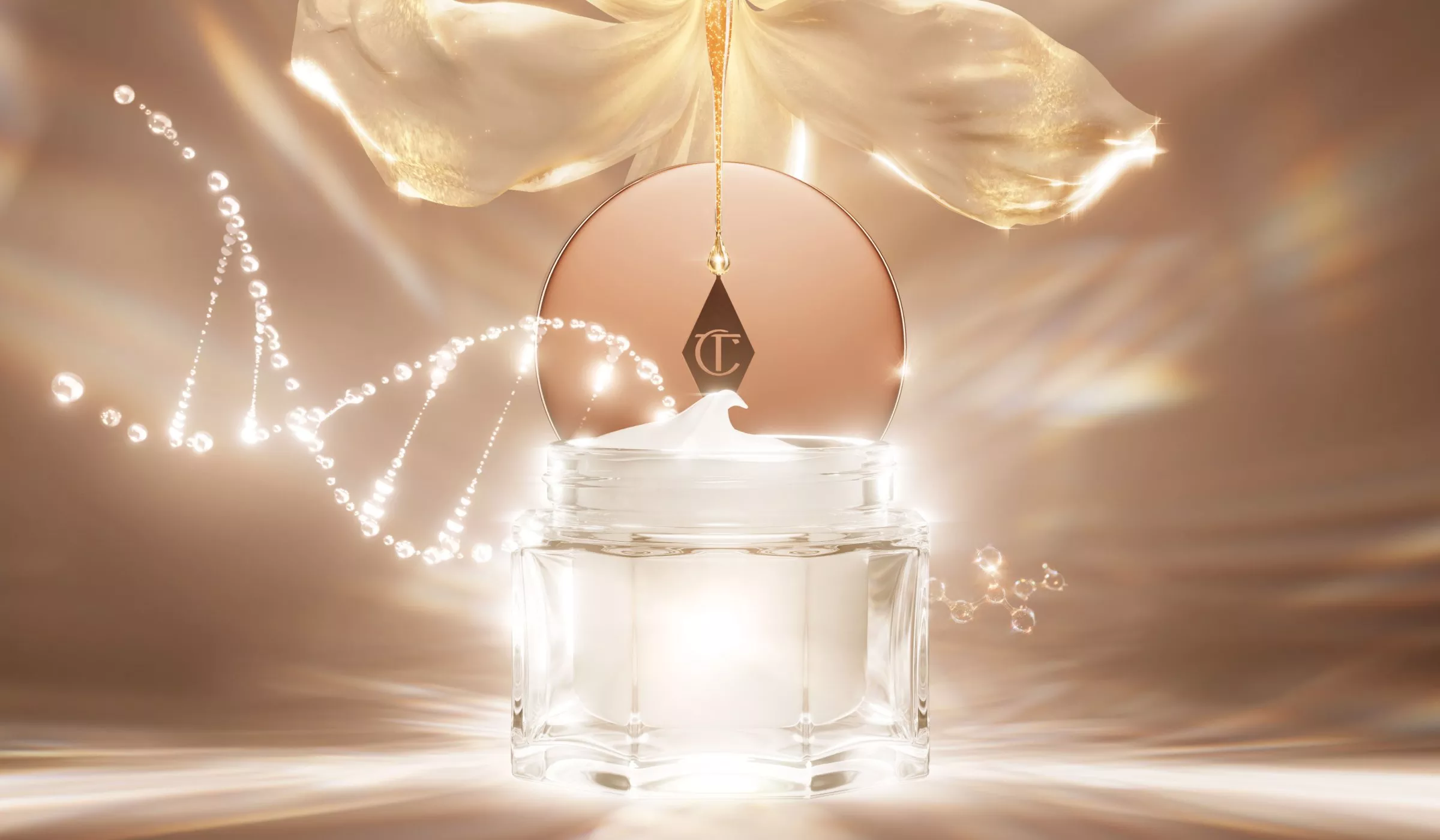 Luxurious skincare jar with golden lid, surrounded by glowing light and droplets, creating an elegant aura.
