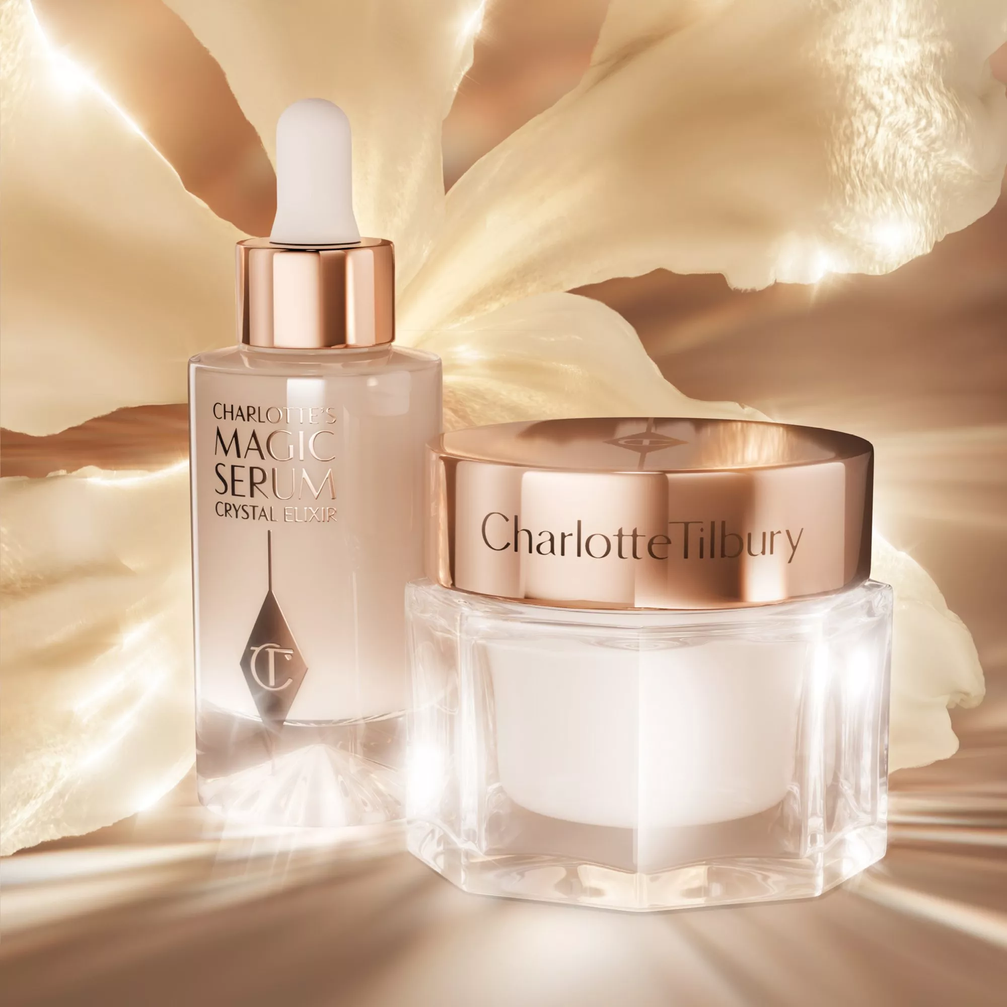 Charlotte Tilbury skincare products, featuring a serum and cream with elegant rose gold packaging and floral backdrop.
