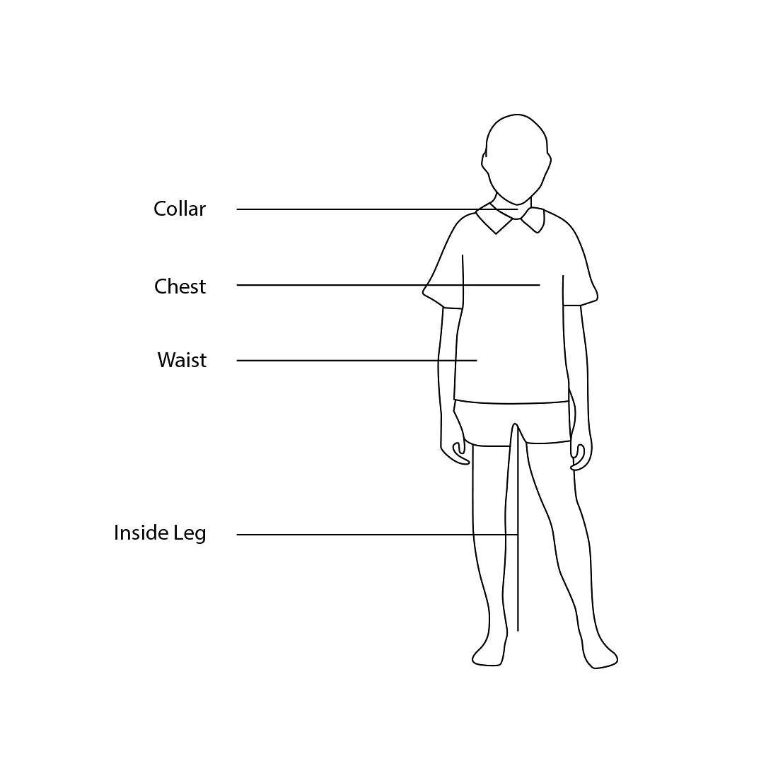 Boys clothing size guide diagram showing where to measure collar, chest, waist and inside leg on body outline