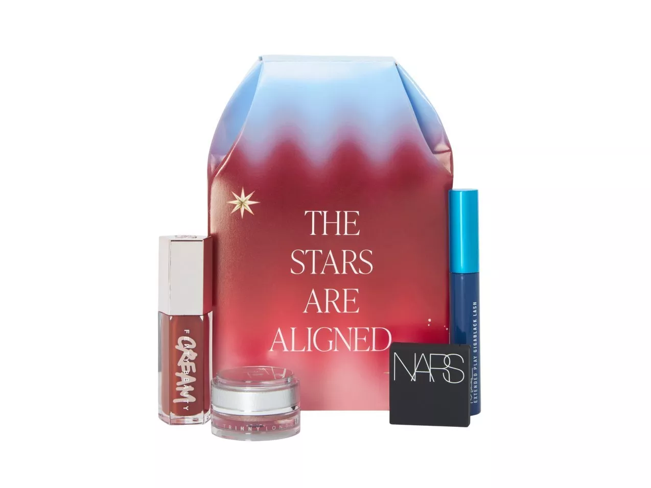 Festive beauty gift set with cosmetic pouch, mascara, blush and lip gloss, featuring “The Stars Are Aligned” text