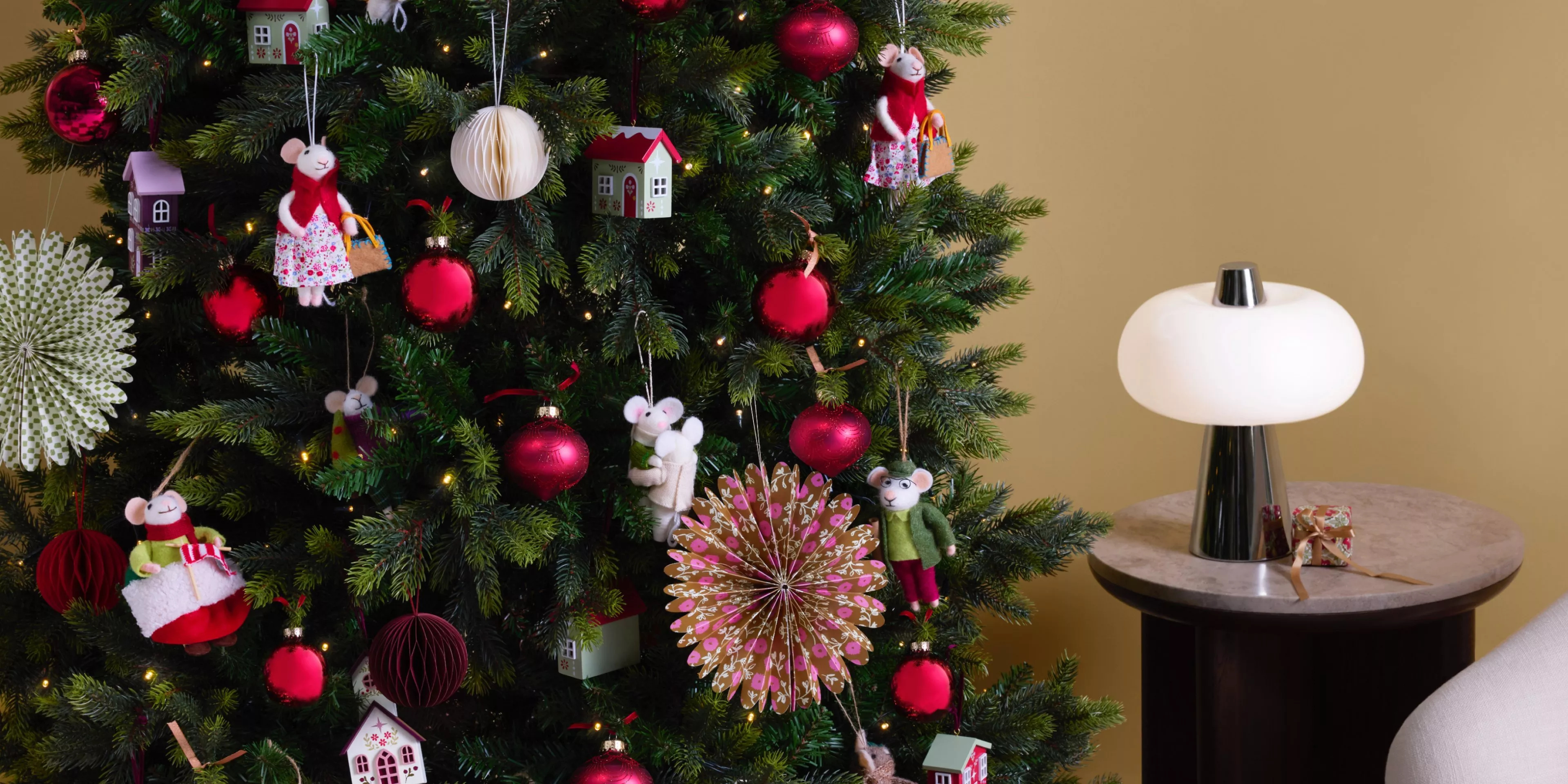 Christmas decorations hanging on a tree